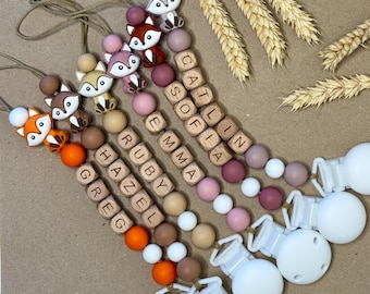 Clip para chupete personalizado con forma de zorro, soporte de silicona con nombre y madera, regalo para bebé.