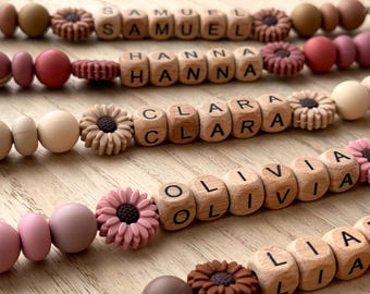 Clip para chupete de margarita personalizado / Cadena para chupete de madera de haya y silicona