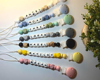 Portachupetes personalizado con nombre / Cadena de silicona para chupete / Regalo para bebé hecho a mano / Accesorio personalizado para bebé