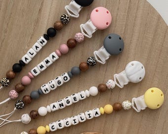 Pinza para chupete de leopardo personalizada con nombre / Regalo neutro para bebé / Accesorio para bebé hecho a mano