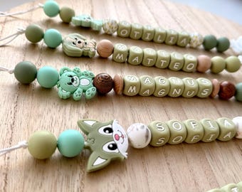 Clip para chupete personalizado con forma de animal / Portachupetes verde salvia con nombre / Cadena de silicona para chupete