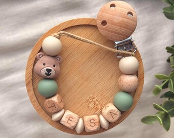 Personalized Pacifier Clip | Baby Name Holder | Wooden Bear Dummy Chain | Newborn Gift