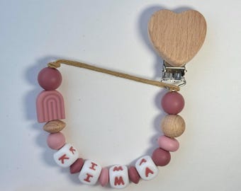 Clip para chupete con forma de corazón personalizado / Portachupetes con nombre personalizado / Cuentas de silicona, cierre de madera