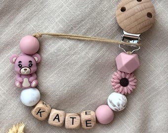 Clip personalizado para chupete con forma de oso / Cuentas de silicona, cadena de madera con nombre para chupete