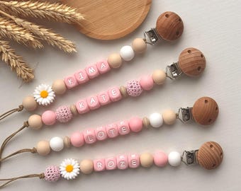 Pinza para chupete de silicona rosa personalizada, portanombres para niña, cierre de madera