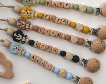 Clip para chupete de perro personalizado / Portachupete de madera con nombre personalizado / Regalo para baby shower / Regalo para recién nacido
