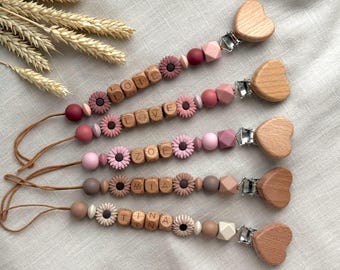 Clip de chupete personalizado: Corazón de madera, regalo floral para baby shower