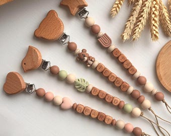 Clip de madera y silicona personalizado para chupete / Soporte para bebé con nombre personalizado