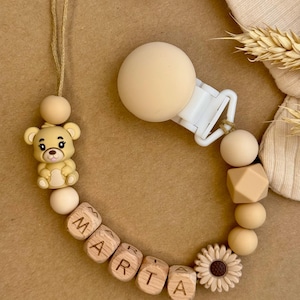 Personalized Baby Pacifier Clip: Beige Wooden Name Binky Clip