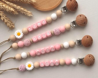Personalized Pink Silicone Pacifier Clip, Baby Girl Name Holder, Wooden Clasp