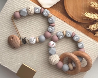 Sonajero con clip de chupete de silicona y madera personalizado, regalo para bebé con nombre personalizado