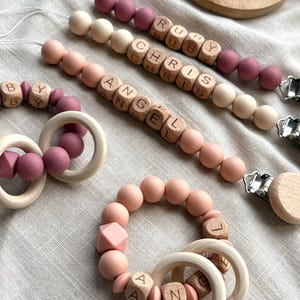 Personalized Baby Rattle and Pacifier Clip Set, Custom Name Gift, Pastel Babygirl Binky Holder, Wooden Babyboy Dummy Chain, Newborn Gift