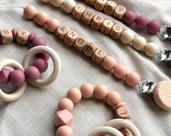 Personalized Pacifier Clip with Name | Wooden & Silicone Baby Toy Set | Custom Newborn Gift