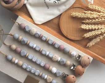 Clip para chupete personalizado / Set de regalo de silicona para bebé en tonos suaves