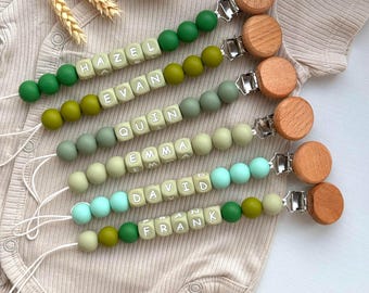 Clip para chupete personalizado, cuentas de silicona verde, madera natural, regalo para baby shower