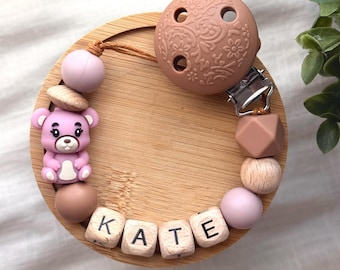 Clip para chupete de oso personalizado, soporte personalizado con el nombre del bebé, cadena de silicona para chupete, regalo para recién nacido