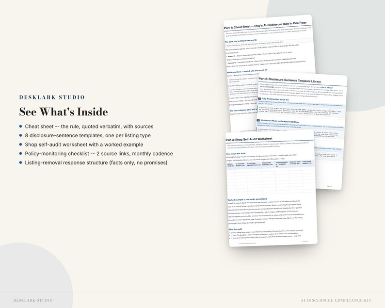 Etsy AI Disclosure Compliance Kit | Seller Policy Cheat Sheet & 8 Disclosure Templates | Instant Download PDF image 2