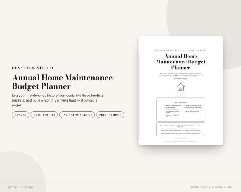 Annual Home Maintenance Budget Planner | Sinking Fund Tracker, Roof & Water Heater Age Log, Seasonal Checklist | Instant Download PDF image 1