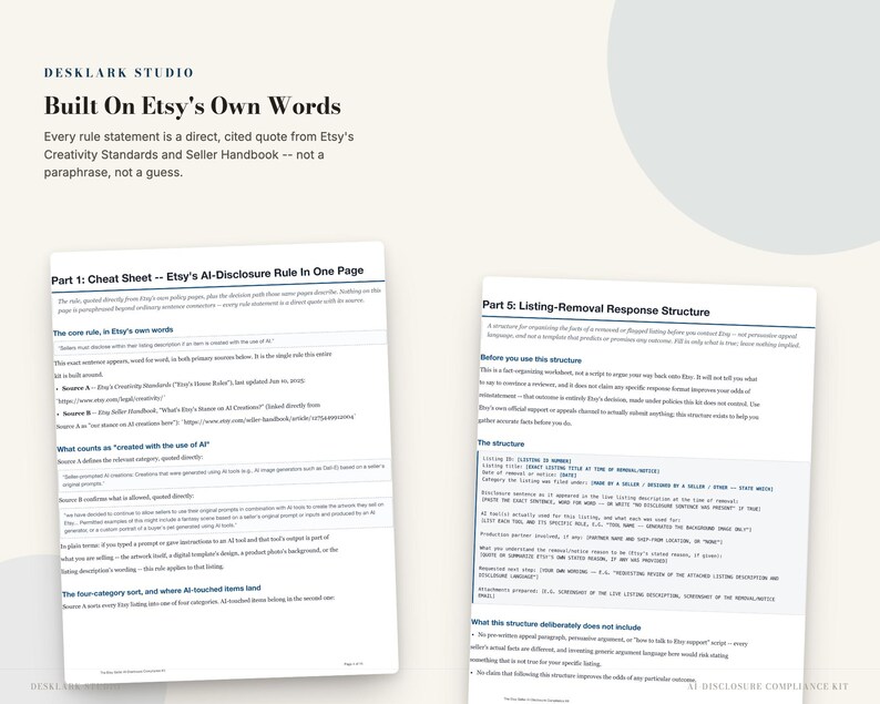 Etsy AI Disclosure Compliance Kit | Seller Policy Cheat Sheet & 8 Disclosure Templates | Instant Download PDF image 3