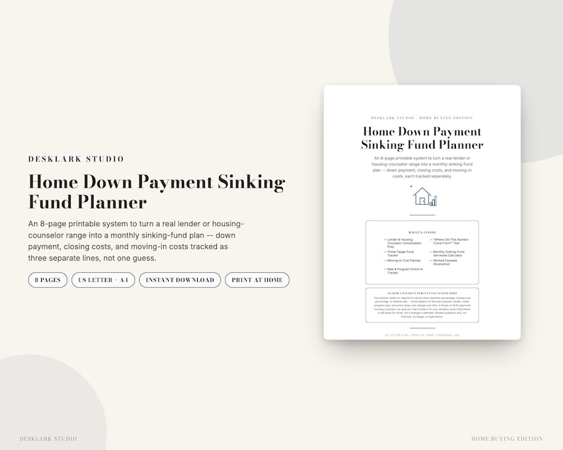 Home Down Payment Sinking Fund Planner | Down Payment Savings Tracker, Closing Cost & Moving Budget | Instant Download PDF image 1