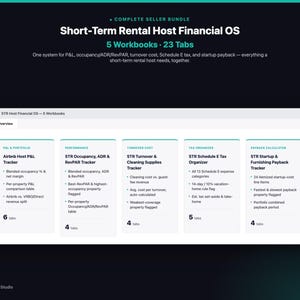 Short-Term Rental Host Financial OS Bundle | Airbnb VRBO Occupancy ADR RevPAR Cleaning Cost Schedule E Tax Payback Spreadsheets | Excel image 1
