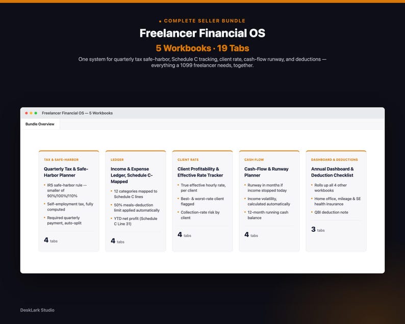 Freelancer Financial OS Bundle | 1099 Quarterly Tax Safe Harbor Schedule C Client Rate Cash Flow Runway Spreadsheets | Excel image 1