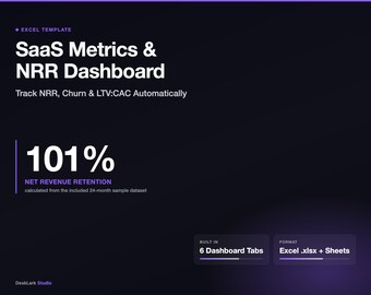 SaaS Metrics Dashboard - NRR MRR Churn Tracker Excel Template | CAC Payback Calculator | Investor-Ready Spreadsheet