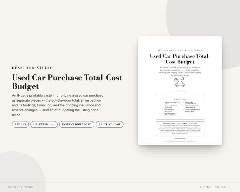 Used Car Purchase Total-Cost Budget | Out-the-Door Price Worksheet, Inspection & Financing Planner | Instant Download PDF image 1