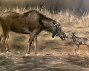 Cow Moose and Baby Painting, "Mother's Love", Matted and Framed  24" x 18"