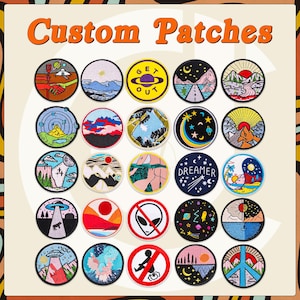 May include: A collection of twenty-one round custom patches with various designs, including landscapes, celestial bodies, and alien-themed graphics. The patches feature vibrant colors and detailed embroidery. The text "Custom Patches" is displayed at the top.