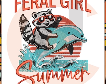 Design de bordado engraçado de guaxinim e golfinho: Garota Selvagem de Verão (download digital)