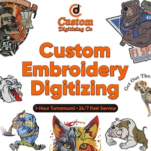 Op de afbeelding: Een advertentie voor aangepaste borduurwerk digitalisatiediensten. De afbeelding toont verschillende geborduurde patches met dieren- en karakterontwerpen, waaronder een beer, een bulldog en een vos. De tekst "Custom Embroidery Digitizing" staat in vet oranje, met de slogan "1-Hour Turnaround • 24/7 Fast Service."