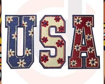 Desenho de bordado floral dos EUA: Letras patrióticas de 4 de julho (download digital)