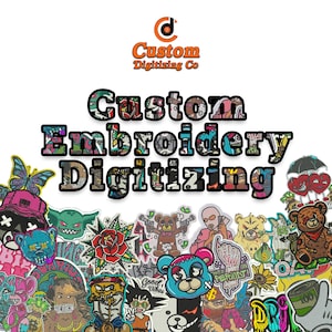 Puede incluir: Una colección de parches bordados coloridos con varios diseños, incluyendo personajes de dibujos animados, rosas y osos. La imagen también muestra el texto "Custom Embroidery Digitizing Co."
