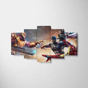 Avengers Poster Decor, Thanos vs Iron Man, Captain America and Thor Canvas Print High Quality Wall Decor, Framed Art Gift for Avengers Fans