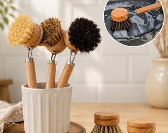 Brosse à vaisselle faite main avec manche en bois – Brosse à récurer pour enlever les taches | Nettoyant pour casseroles avec manche long, brosse de nettoyage anti-rayures pour casseroles