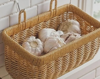 Cesta de pared de ratán sintético tejido, almacenamiento rústico para cocina, soporte para cebollas y ajos