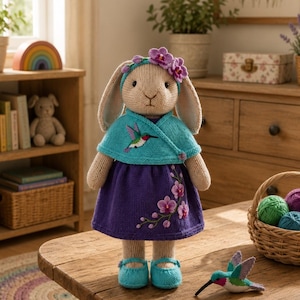 May include: A knitted rabbit doll wearing a teal cape with a hummingbird embroidery, a purple skirt with floral embroidery, and a matching floral headband. The doll wears teal shoes and stands next to a small, separate knitted hummingbird toy.