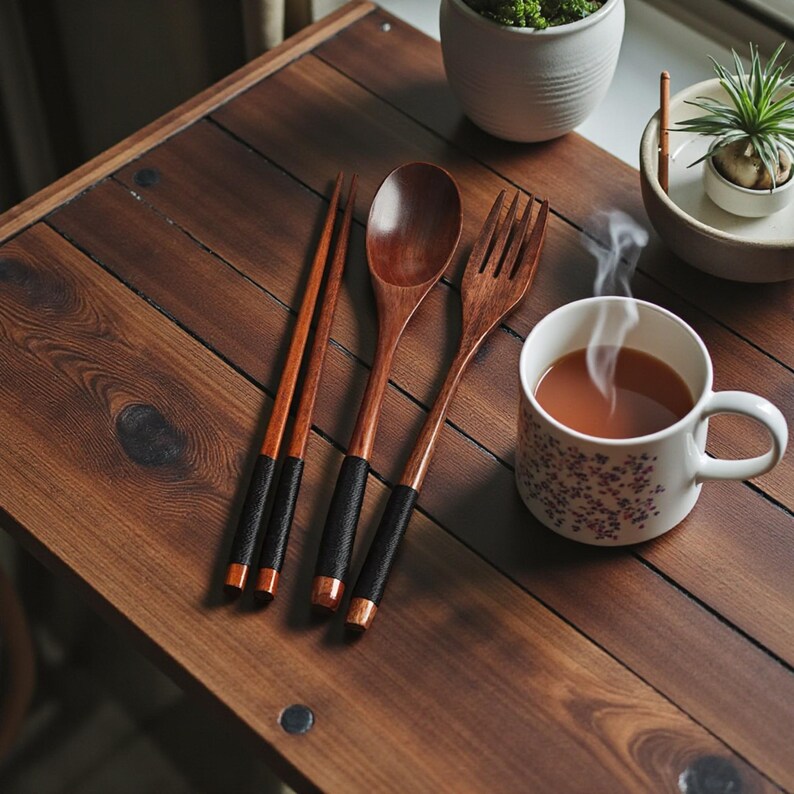 Puede incluir: Juego de palillos, cuchara y tenedor de madera con mangos envueltos en negro y detalles cobrizos, dispuestos sobre una superficie de madera oscura. Una taza blanca con un estampado floral y una bebida caliente est&aacute;n cerca.