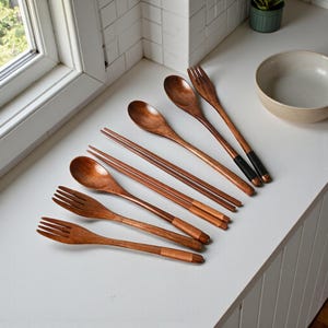 Puede incluir: Un juego de utensilios de madera, que incluye cucharas, tenedores y palillos, dispuestos sobre una superficie blanca. Los utensilios tienen un acabado de veta de madera natural con detalles de color cobre. Algunos tenedores tienen detalles negros. Tambi&eacute;n se ven un cuenco y una planta peque&ntilde;a.