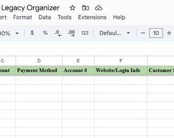 Puede incluir: Una hoja de cálculo titulada "Family Emergency Legacy Organizer" con encabezados de columna como "Bill Name", "Due Date" y "Amount". La hoja de cálculo está abierta en un navegador web, con una barra de herramientas visible en la parte superior.