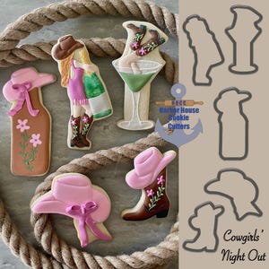Cowgirls' Night Out Cookie Cutters: Cowgirl Champagne, Cowgirl Martini, Cowgirl Beer, Cowgirl Hat with Bow, & Cowgirl Boot with Hat