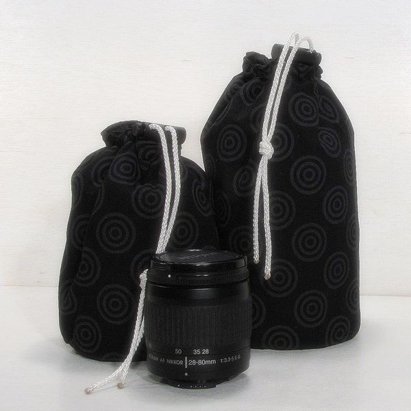 Custom Lens Sleeve Pair - Choose FABRIC for Exterior - Drawstring Closure - Waterproof Lining - Lightly Padded