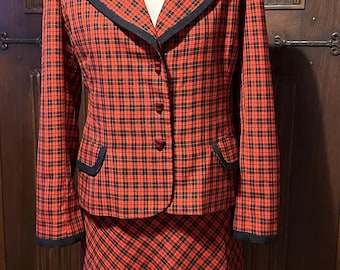 Tailor-Made Retro Style Suit – Jacket, Skirt & Dress – Red Check Pattern – Size M – Handmade 2000-s