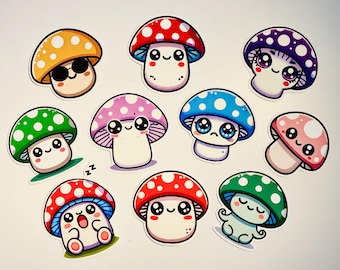 Set of 10 Adorable Mushroom Sticker Pack  – Cute Vinyl Matte Stickers for Scrapbooking, Journaling, Crafts, Laptops, and More