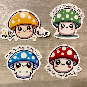 Cute Waterproof Mushroom Sticker 4 Pack - Kawaii Mushroom Decals for Laptops, Water Bottles, Journals, Scrapbooking, Gifts, and DIY Crafts
