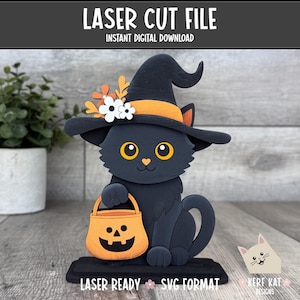 May include: A layered wooden cutout of a black cat wearing a black witch hat with an orange band and white and orange flowers. The cat holds an orange jack-o'-lantern candy bucket. The text LASER CUT FILE and INSTANT DIGITAL DOWNLOAD appear.