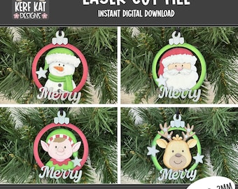 Christmas Ornament SVG Bundle, Laser Cut File, Snowman, Santa, Elf, Reindeer (Digital Download)
