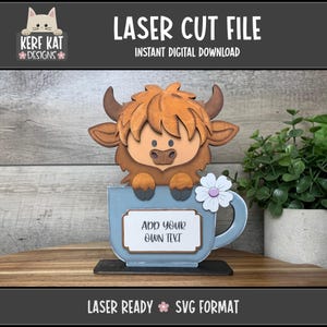 Highland Cow Peek Cup Shelf Sitter Cut File, Laser Ready, SVG, Instant Digital Download, GlowForge XTool, Kitchen Decor, Personalized Gift
