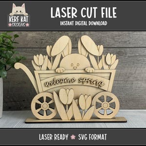 Znak z drewna Spring Bunny Cart, plik gotowy do cięcia laserowego, SVG, natychmiastowe pobieranie cyfrowe, GlowForge, XTool, sezonowy stojak na półce, witamy